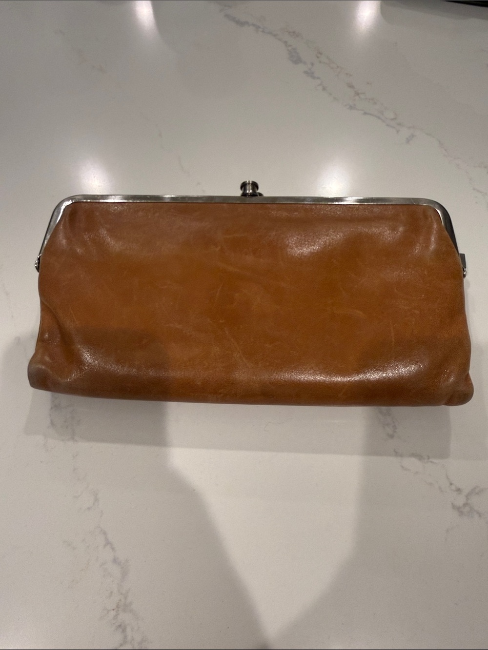 HOBO Tan Leather Frame Wallet with Silver Hardware